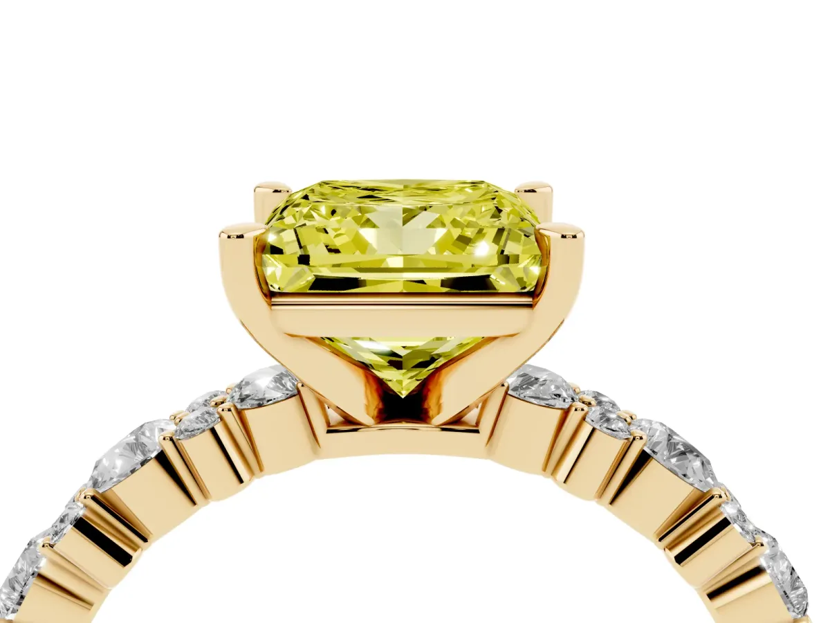 Fancy Yellow Princess Cut Diamond Side Stone Solitaire Ring with Round and Four-Prong Setting Yellow gold