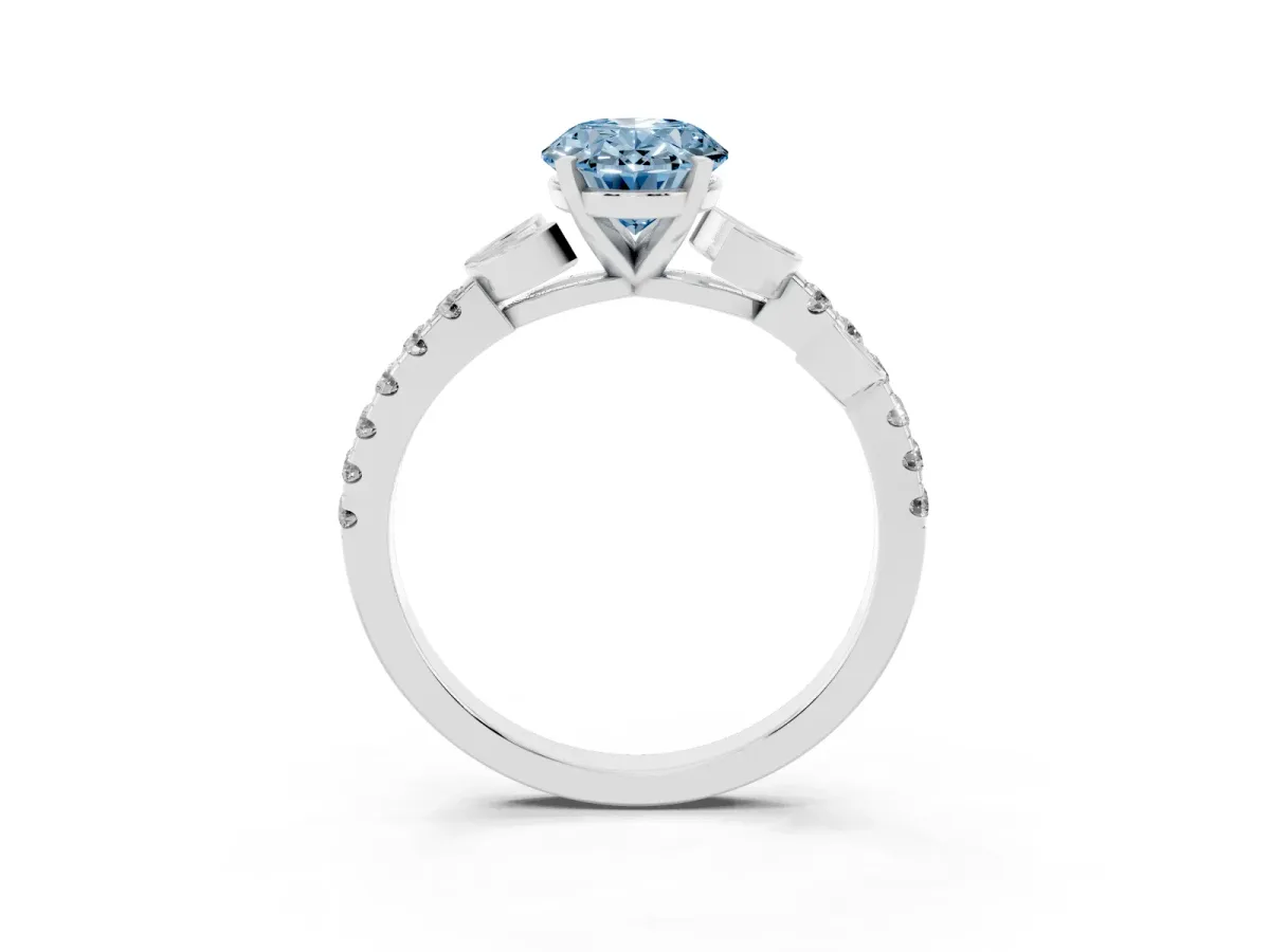 Fancy Blue Oval Cut Solitaire Leaf-Inspired Diamond Ring with Pavé Band and Four-Prong Setting Silver