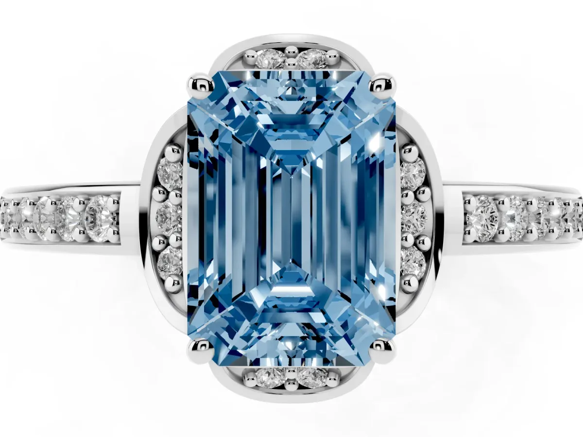 Fancy Blue Emerald Cut Cut Halo Diamond Ring with Channel Set Band and Four-Prong Setting Silver