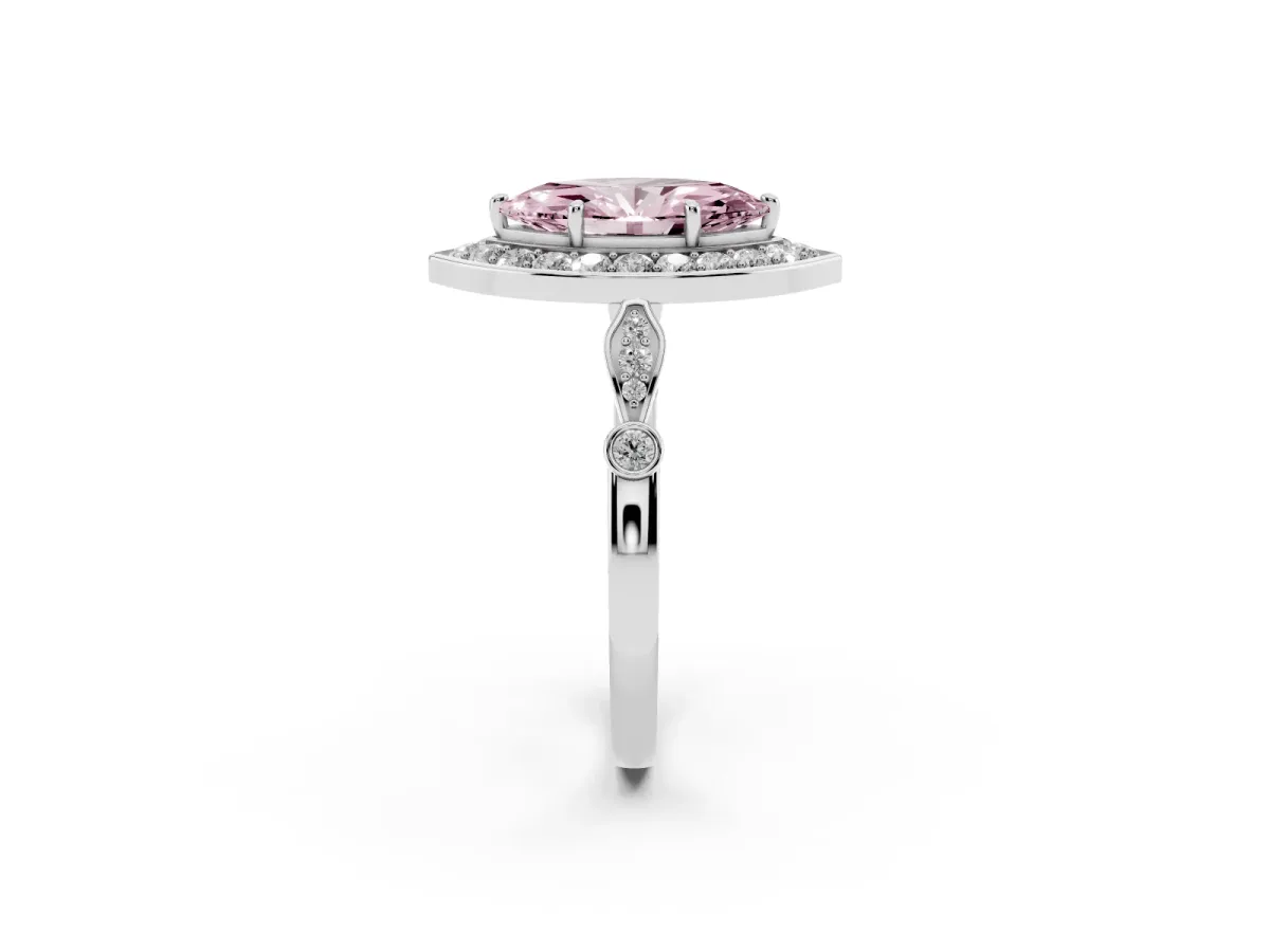 Fancy Pink Marquise Cut Halo Diamond Engagement Ring with Twisted Band and Four-Prong Setting Platinum