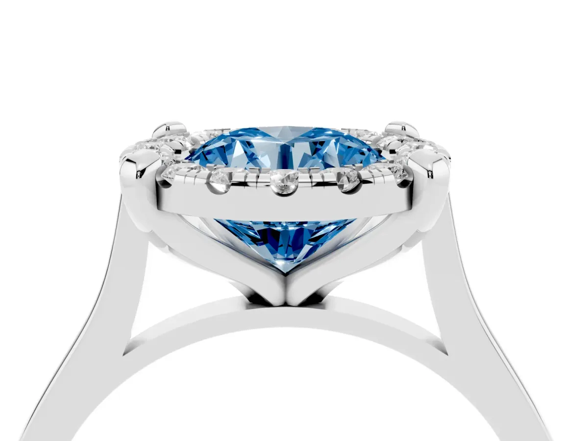 Fancy Blue Round Cut Diamond Cluster Halo Solitaire with Four-Prong Setting Platinum