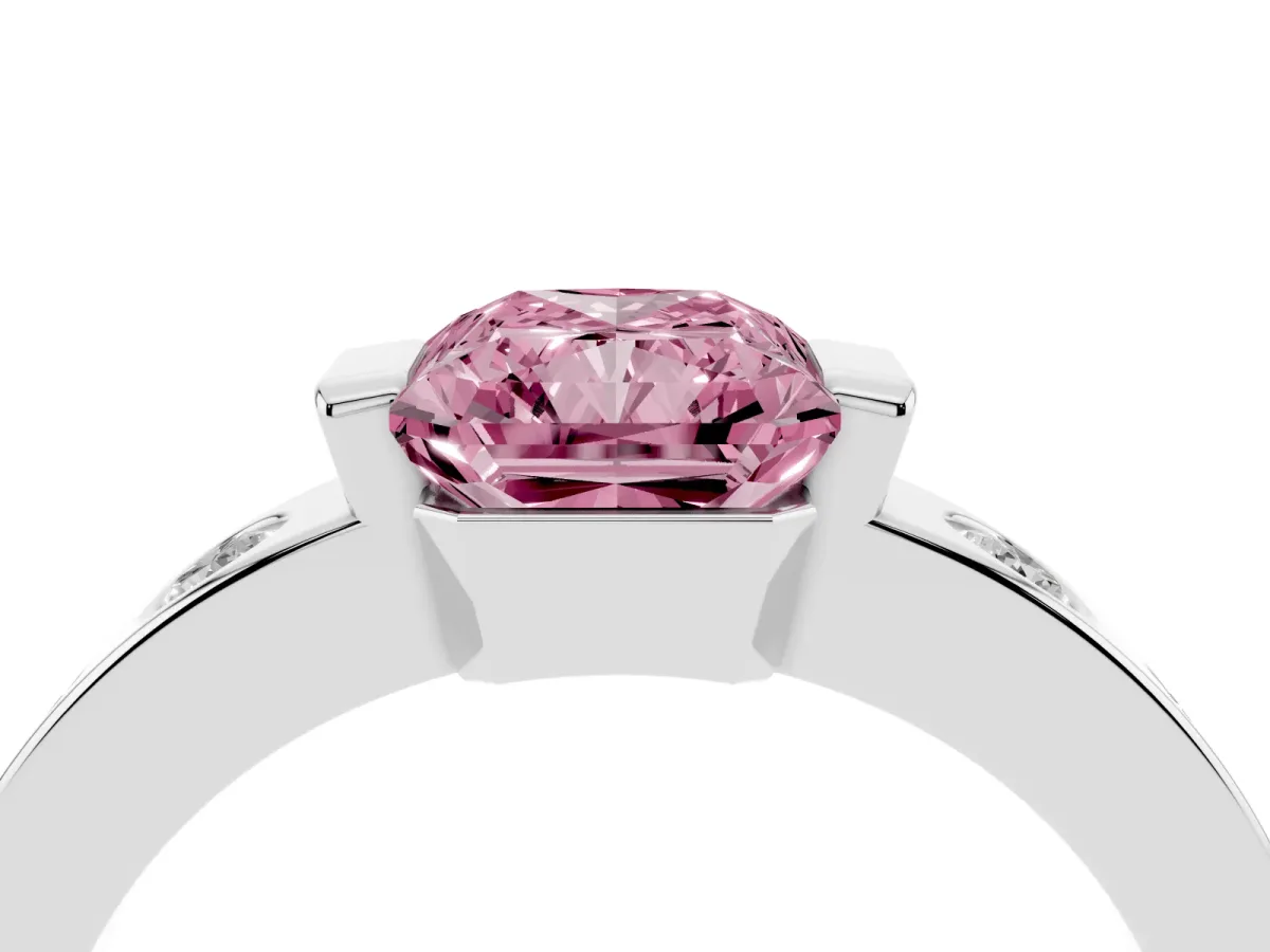 Fancy Pink Radiant Cut Brilliant Channel-Set Diamond Ring with Bezel Prong Setting Silver
