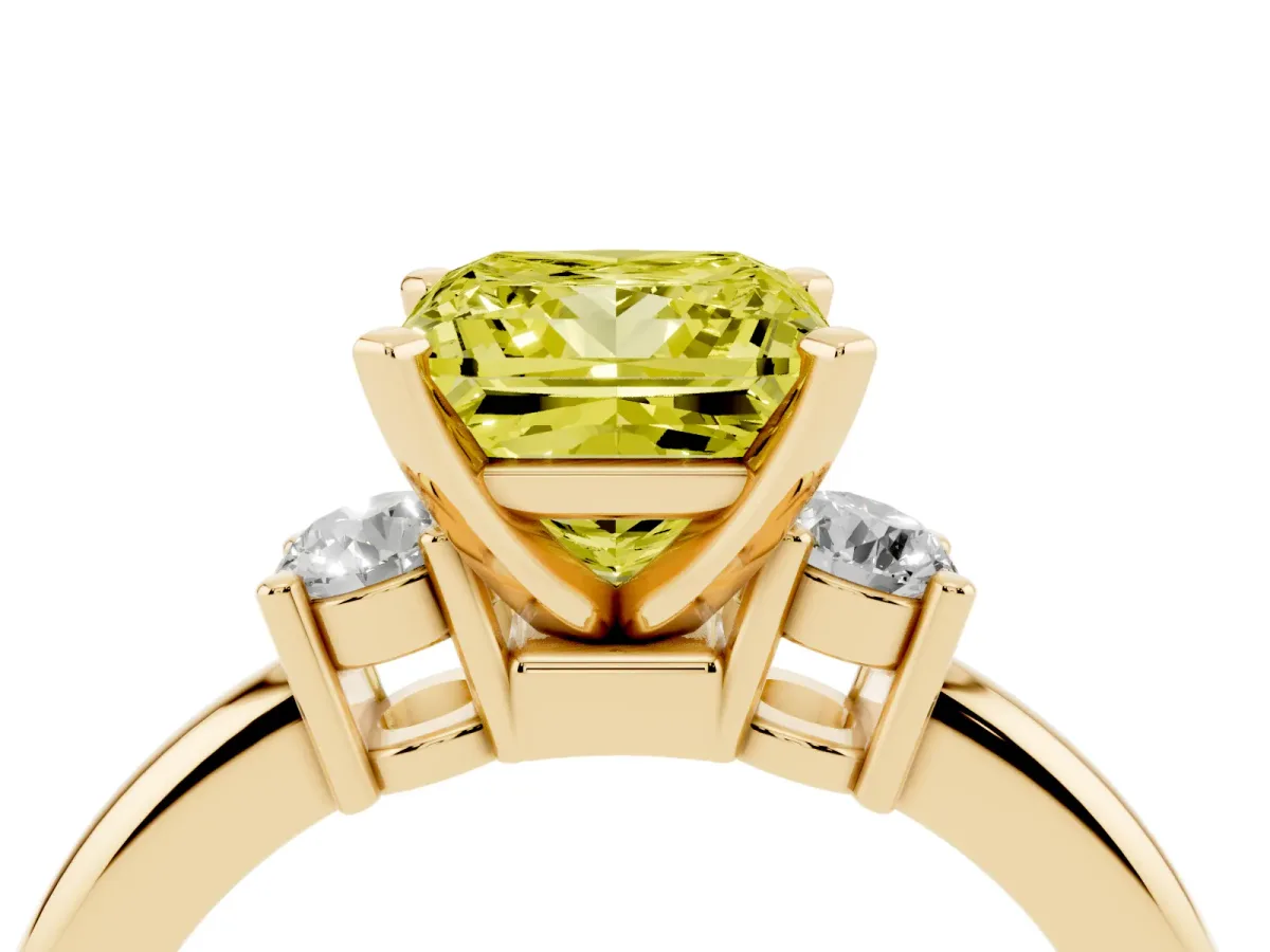 Fancy Yellow Three-Stone Princess Cut Cut Diamond Solitaire with Prong Setting and Classic Band Yellow gold