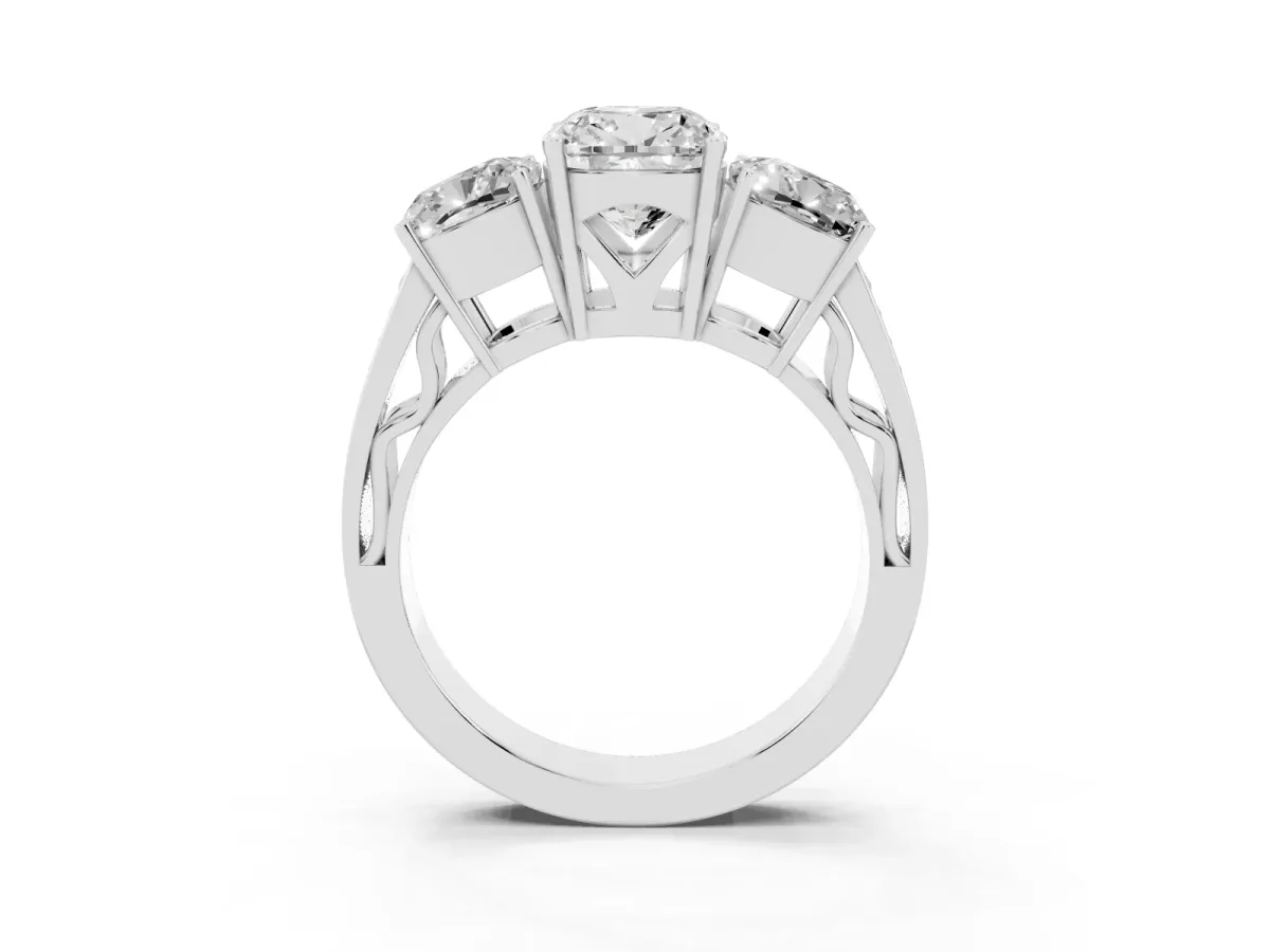 Cushion Cut Diamond Three-Stone Ring with Prong Setting and Textured Band Platinum