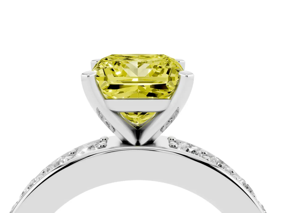 Fancy Yellow Princess Cut Diamond Engagement Ring with Channel Set Round Band and Prong Setting Platinum