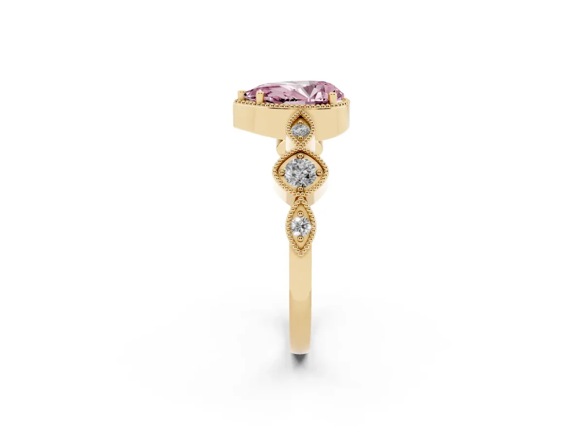 Fancy Pink Pear Cut Diamond Vintage Milgrain Ring with Round Stations Yellow gold