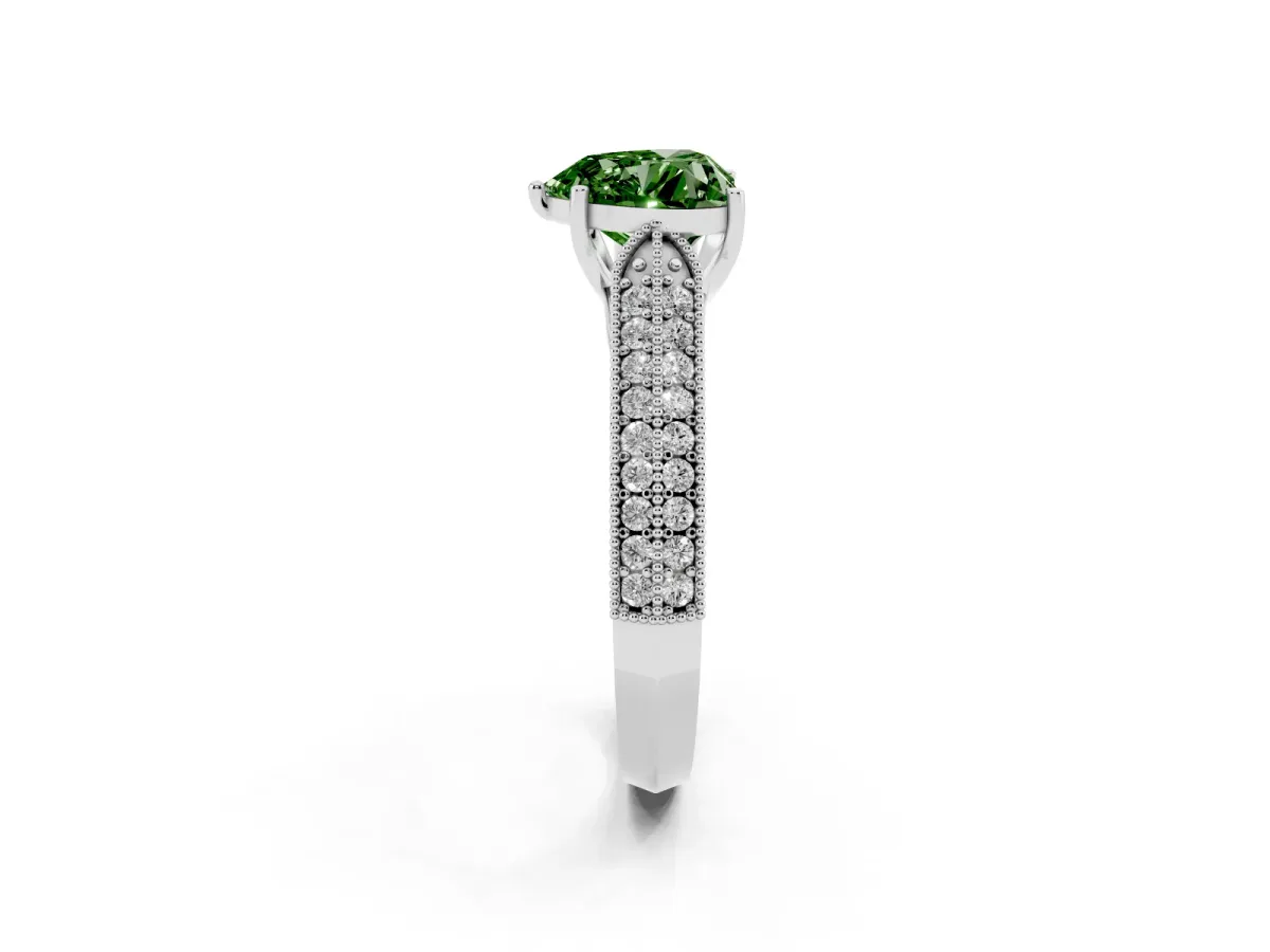 Fancy Green Heart Cut Cut Pave Split Shank Engagement Ring with Four-Prong Setting White gold