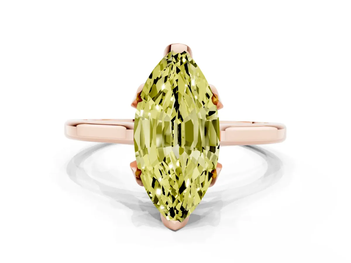 Fancy Yellow Marquise Cut Diamond Solitaire Ring with Flower Prong Setting and Classic Band Rose gold