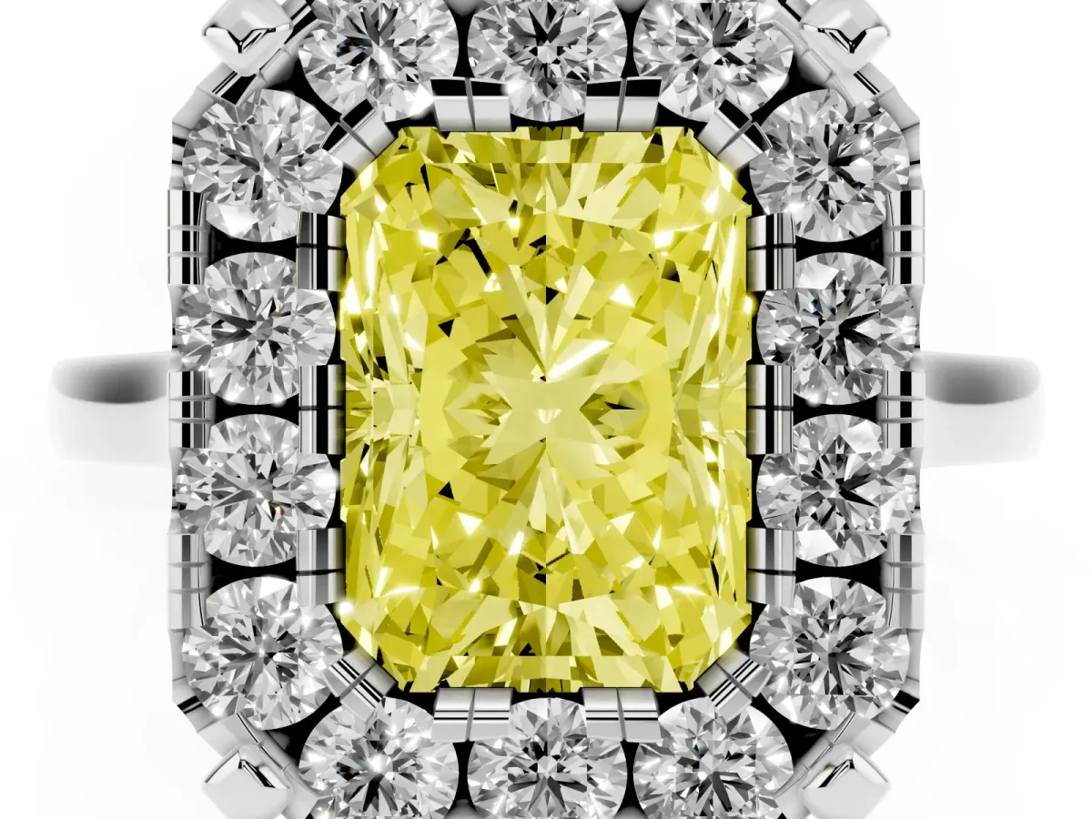 Fancy Yellow Radiant Cut Diamond Cluster Halo Solitaire with Four-Prong Setting Silver