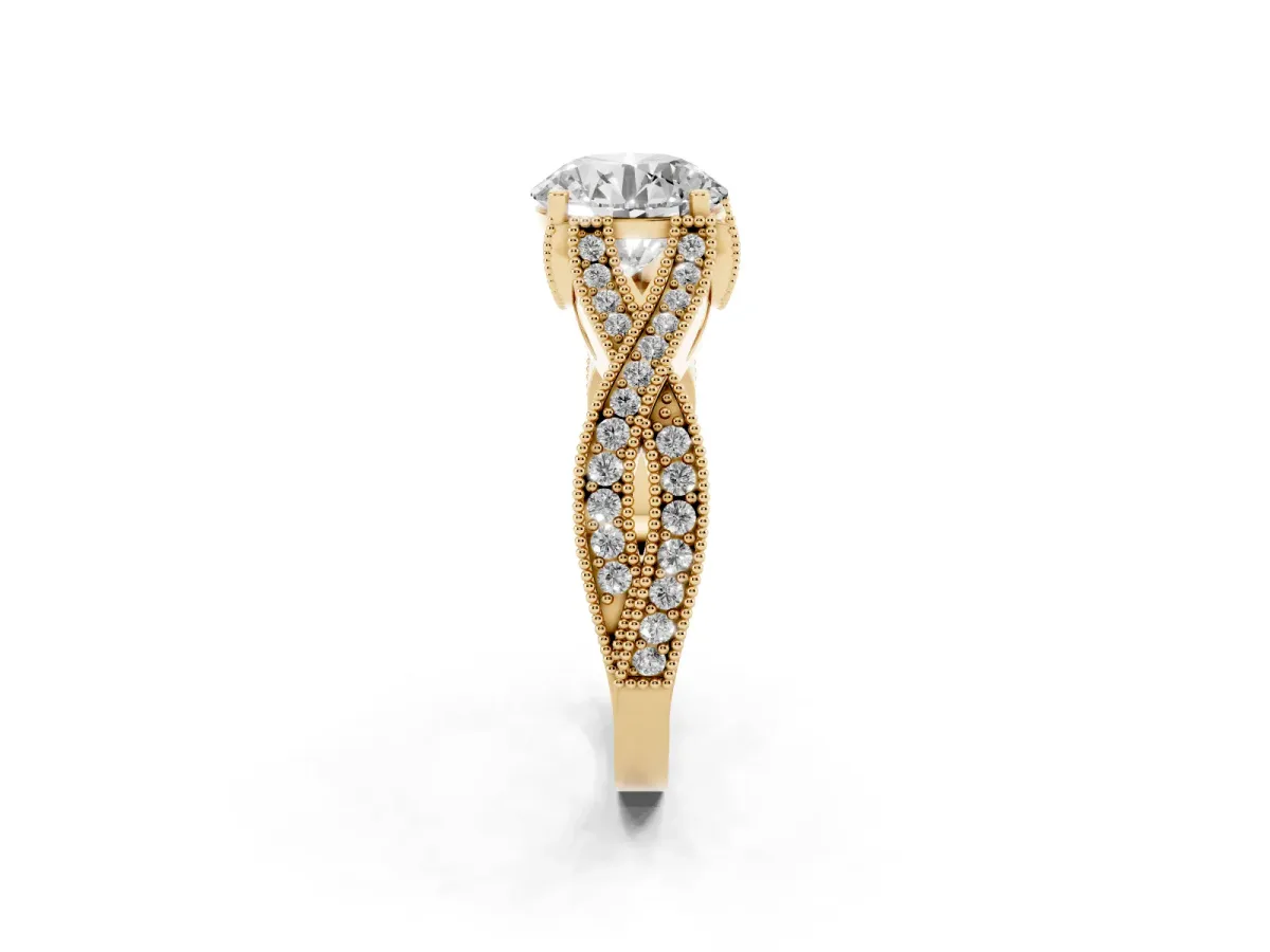 Round Cut Cut Diamond Twisted Band with Milgrain Pave Setting and Four-Prong Setting Yellow gold