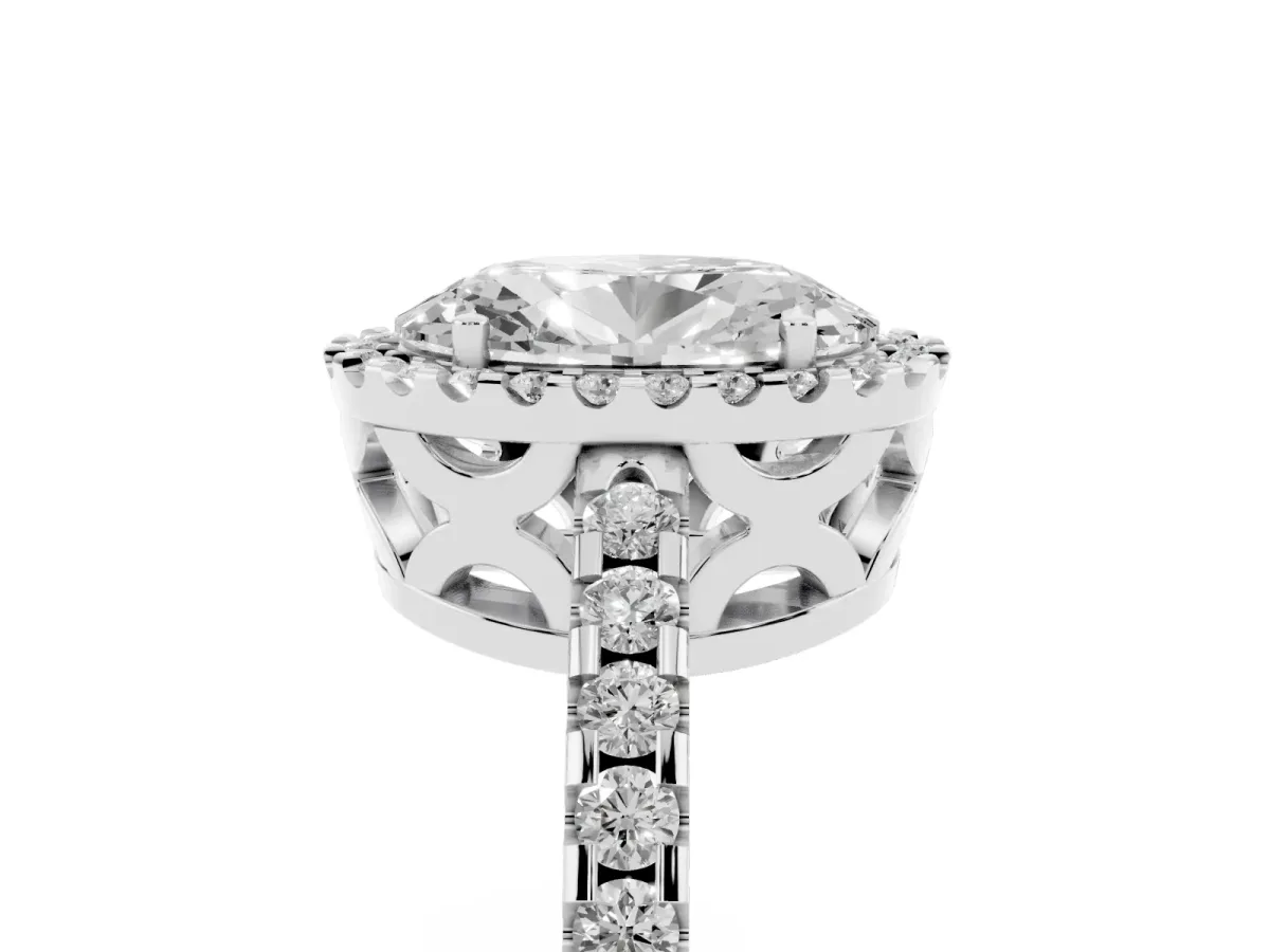 Oval Cut Diamond Halo Engagement Ring with Pavé Band and Prong Setting Platinum
