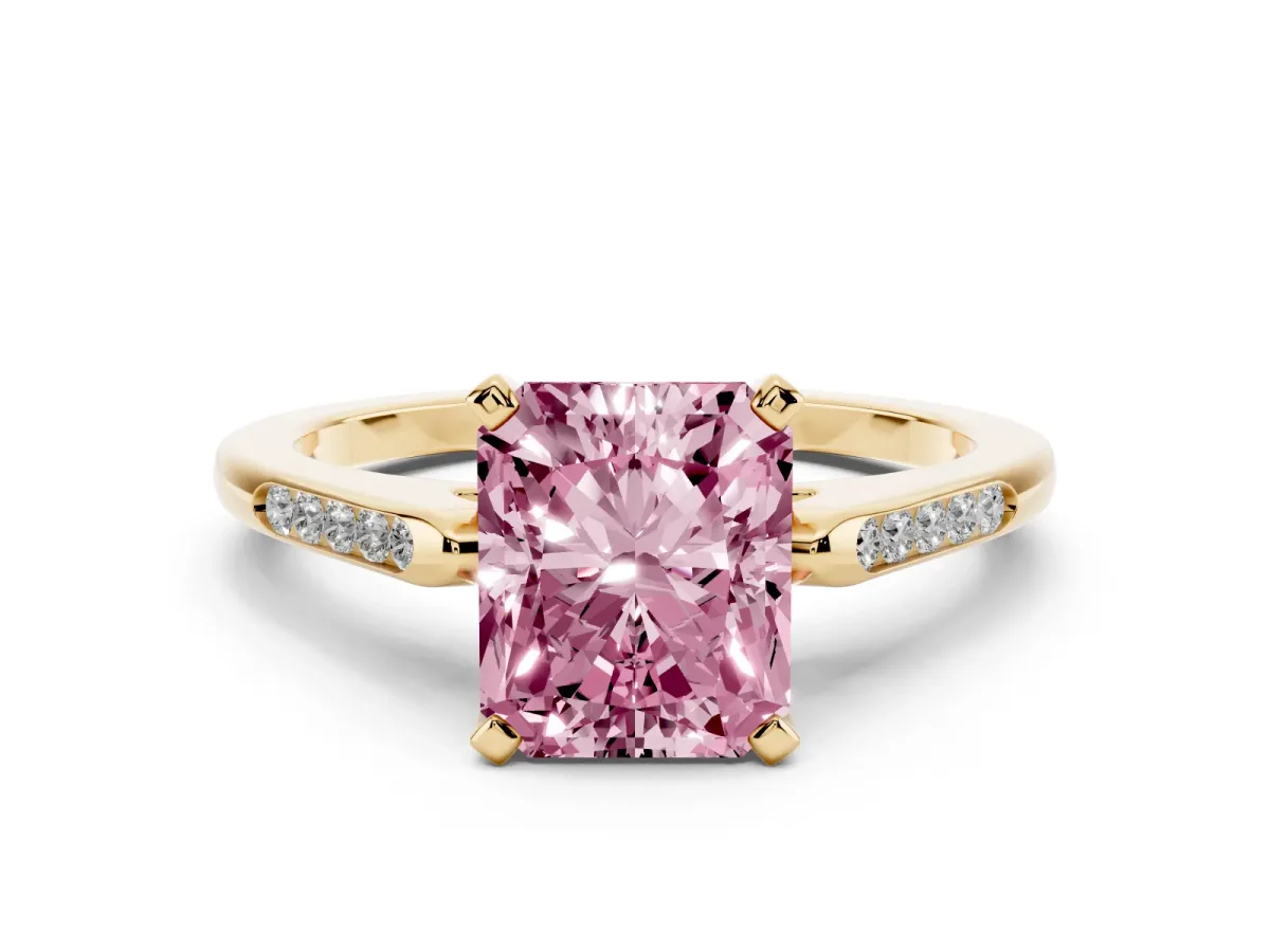 Fancy Pink Radiant Cut Diamond Solitaire Ring with Channel Set Round Band and Prong Setting Yellow gold