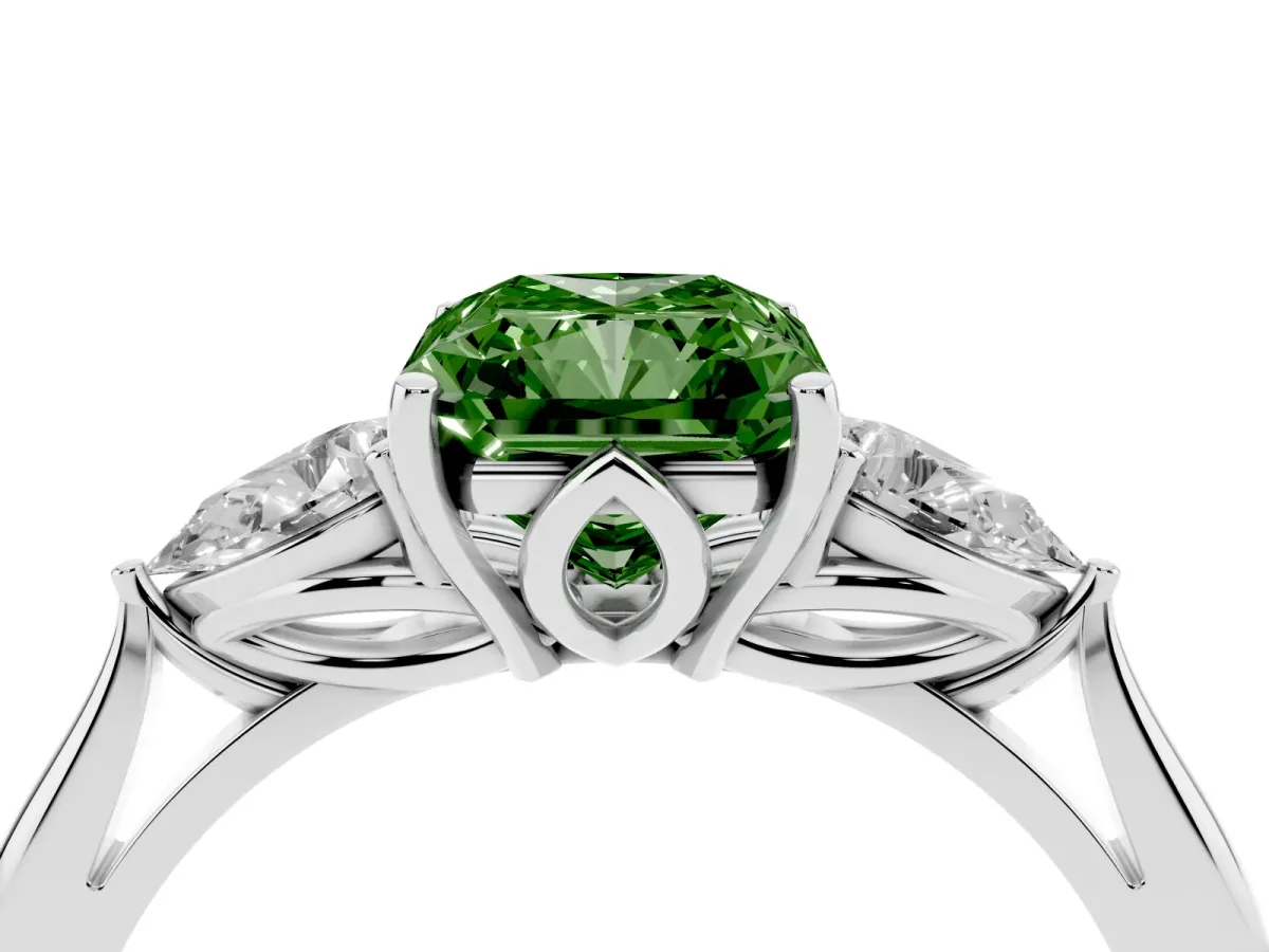 Fancy Green Three-Stone Radiant Cut Brilliant Diamond Solitaire Ring with Tapered Band and Four-Prong Setting Silver