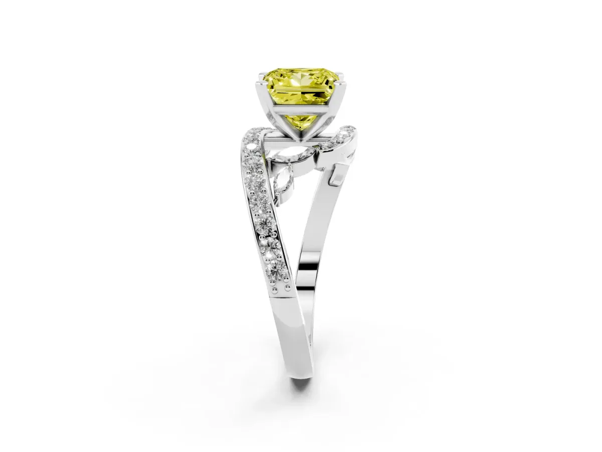 Fancy Yellow Princess Cut Solitaire with Pavé Twist Band and Four-Prong Setting Silver