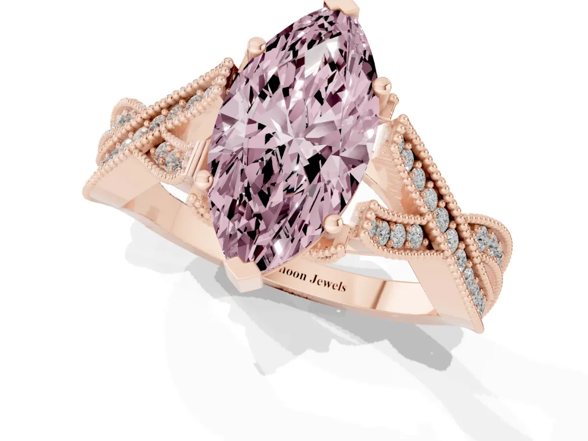 Fancy Pink Marquise Cut Cut Diamond Twisted Band with Milgrain Pave Setting and Four-Prong Setting Rose gold