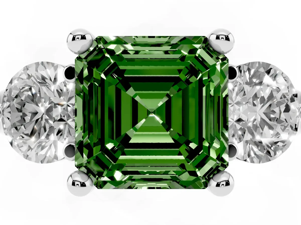 Fancy Green Three-Stone Asscher Cut Brilliant Cut Solitaire Ring with Prong Setting on a Classic Band White gold