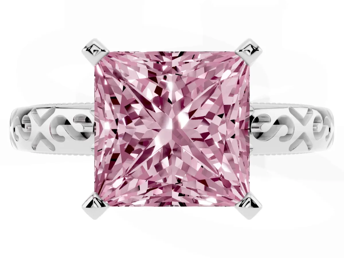 Fancy Pink Princess Cut Solitaire Engagement Ring with Scrollwork Band and Four-Prong Setting Silver