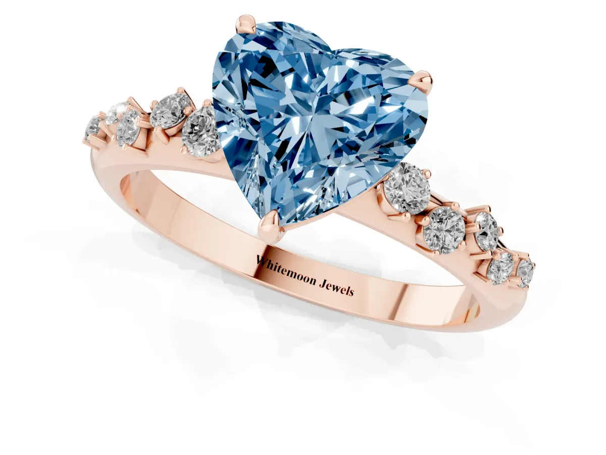 Fancy Blue Heart Cut Diamond Cluster Prong-Set Solitaire Ring Rose gold