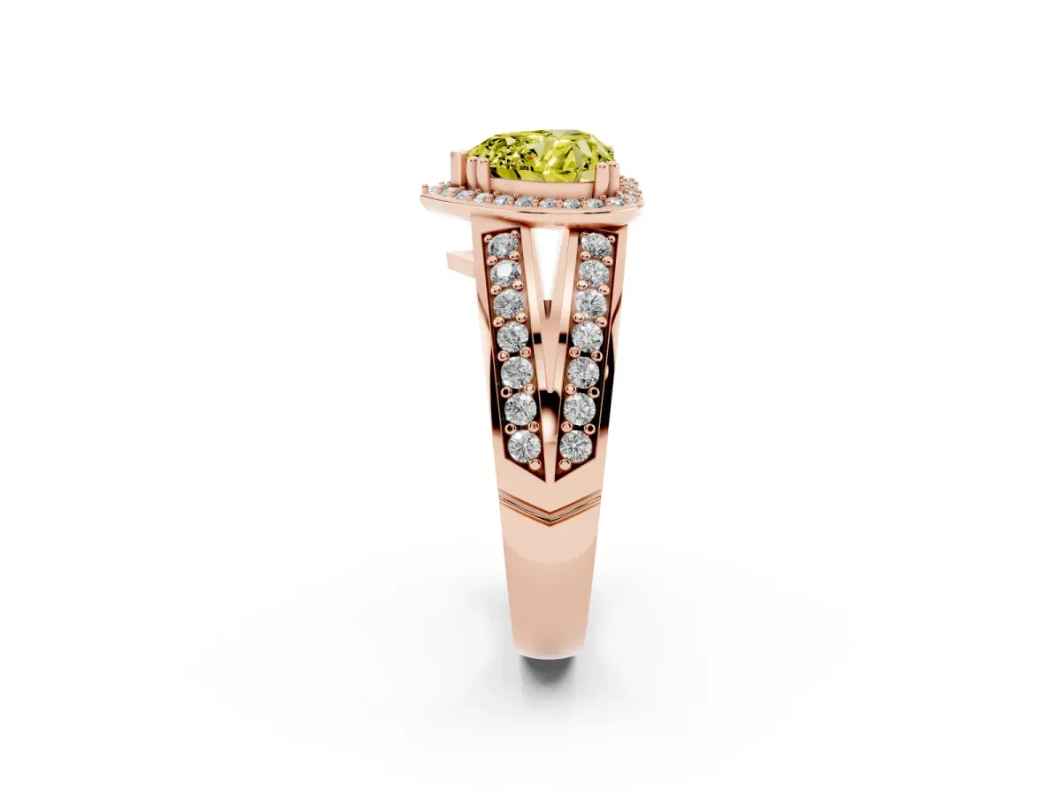 Fancy Yellow Heart Cut Diamond Halo Ring with Split Shank Pavé Band and Four-Prong Setting Rose gold
