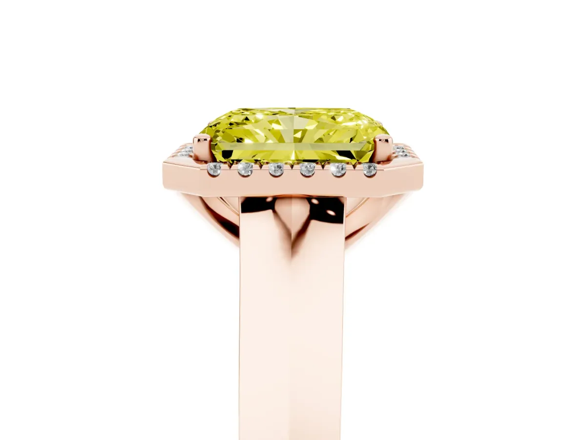 Fancy Yellow Radiant Cut Halo Diamond Ring with Cathedral Band and Four-Prong Setting Rose gold