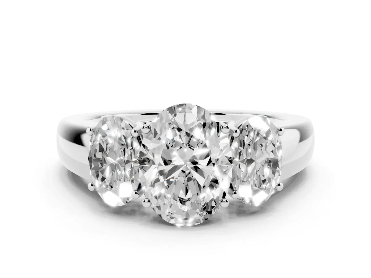 Three-Stone Oval Cut Cut Diamond Ring with Prong Setting and Classic Band Silver