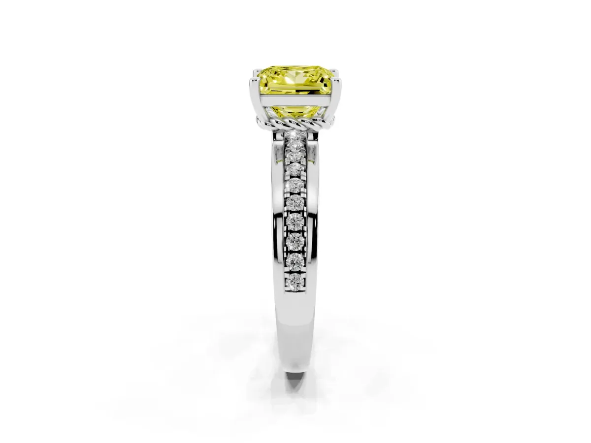 Fancy Yellow Princess Cut Solitaire Diamond Ring with Channel Set Band and Six-Prong Setting Platinum