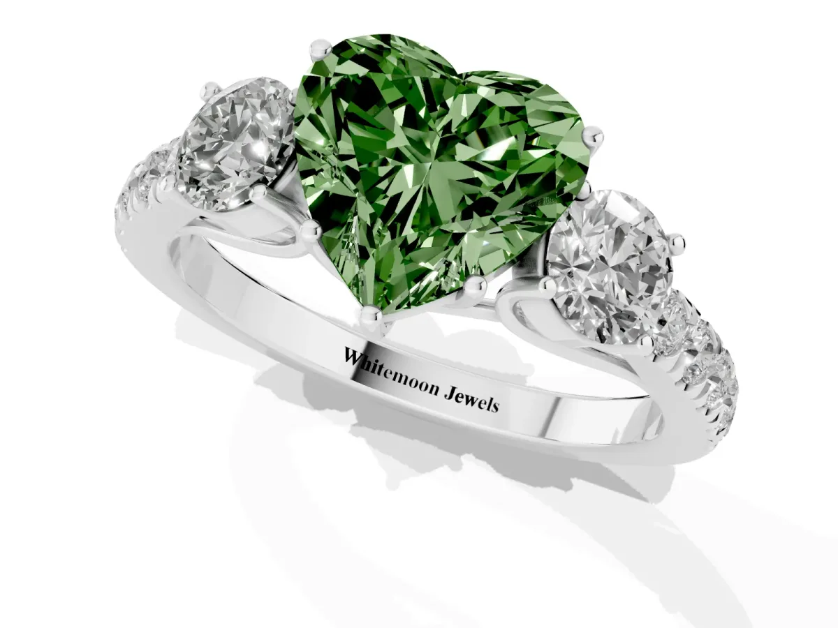 Fancy Green Heart Cut Cut Diamond Three-Stone Ring with Round Side Stones and Pavé Band White gold