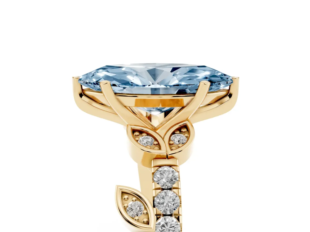 Fancy Blue Marquise Cut Solitaire Leaf-Inspired Diamond Ring with Pavé Band and Four-Prong Setting Yellow gold