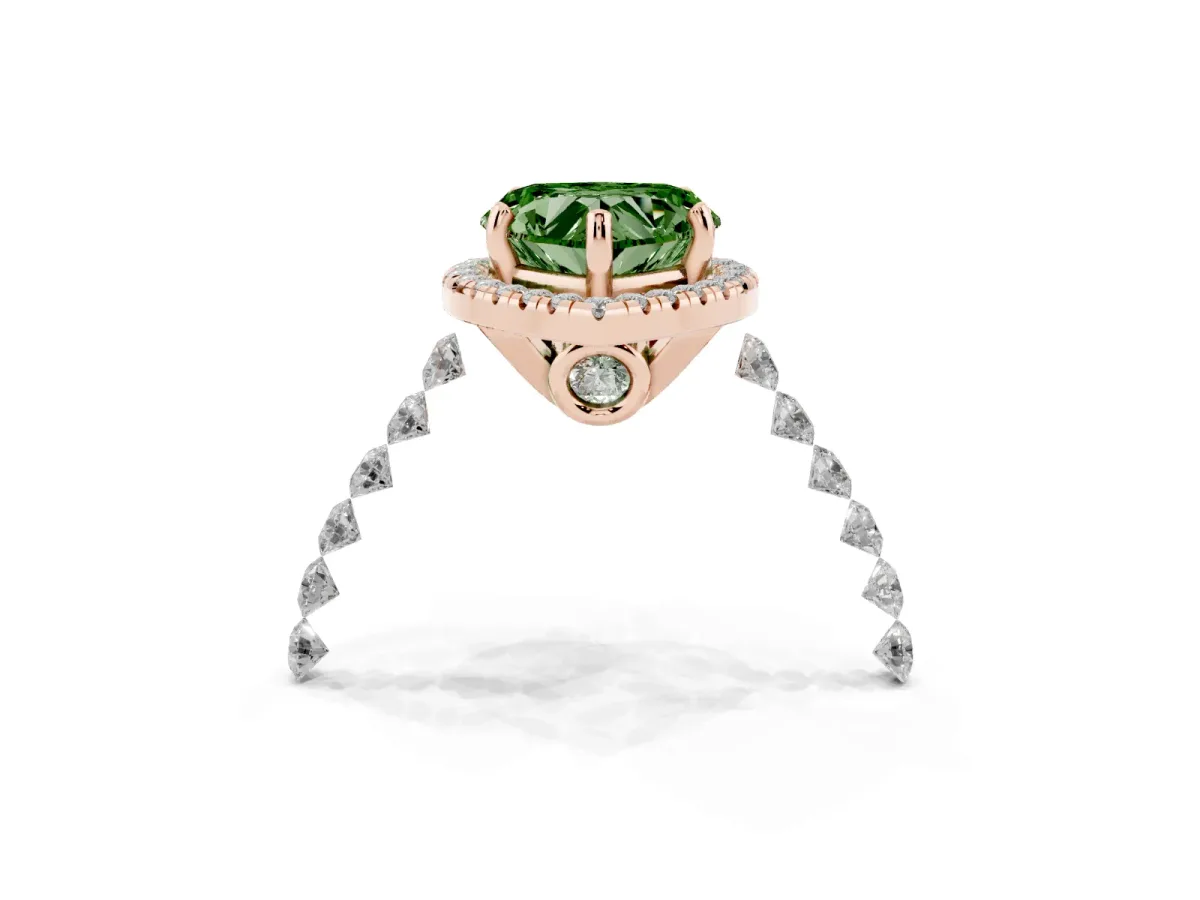 Fancy Green Heart Cut Halo Pavé Diamond Engagement Ring with Four-Prong Setting Rose gold
