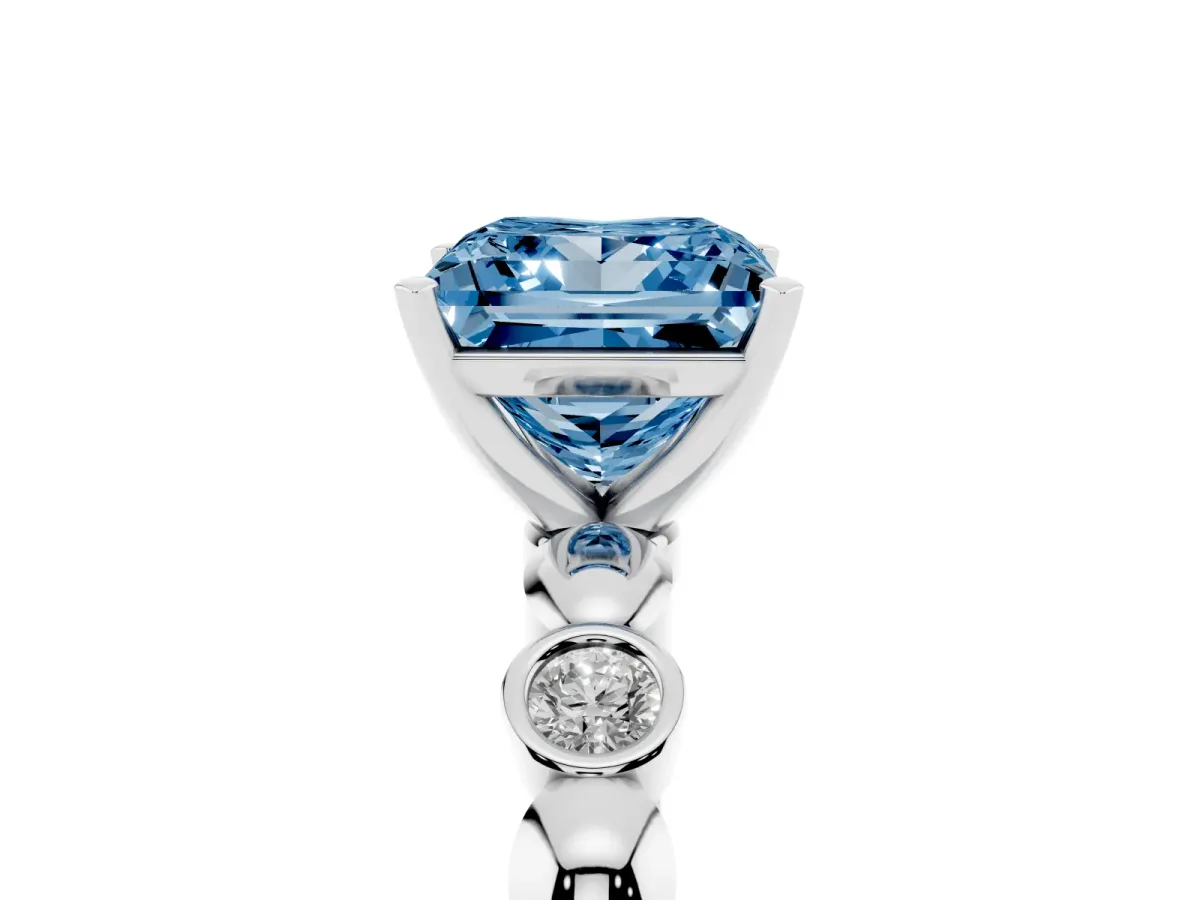 Fancy Blue Princess Cut Solitaire Bezel-Set Diamond Ring with Beaded Band and Four-Prong Setting Silver
