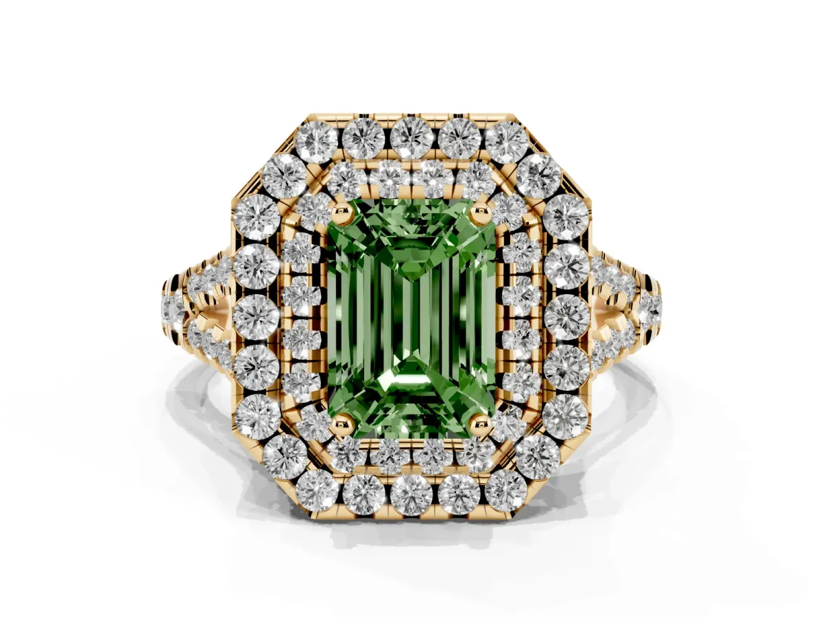 Fancy Green Double Halo Emerald Cut Diamond Pavé Split Shank Ring with Prong Setting Yellow gold