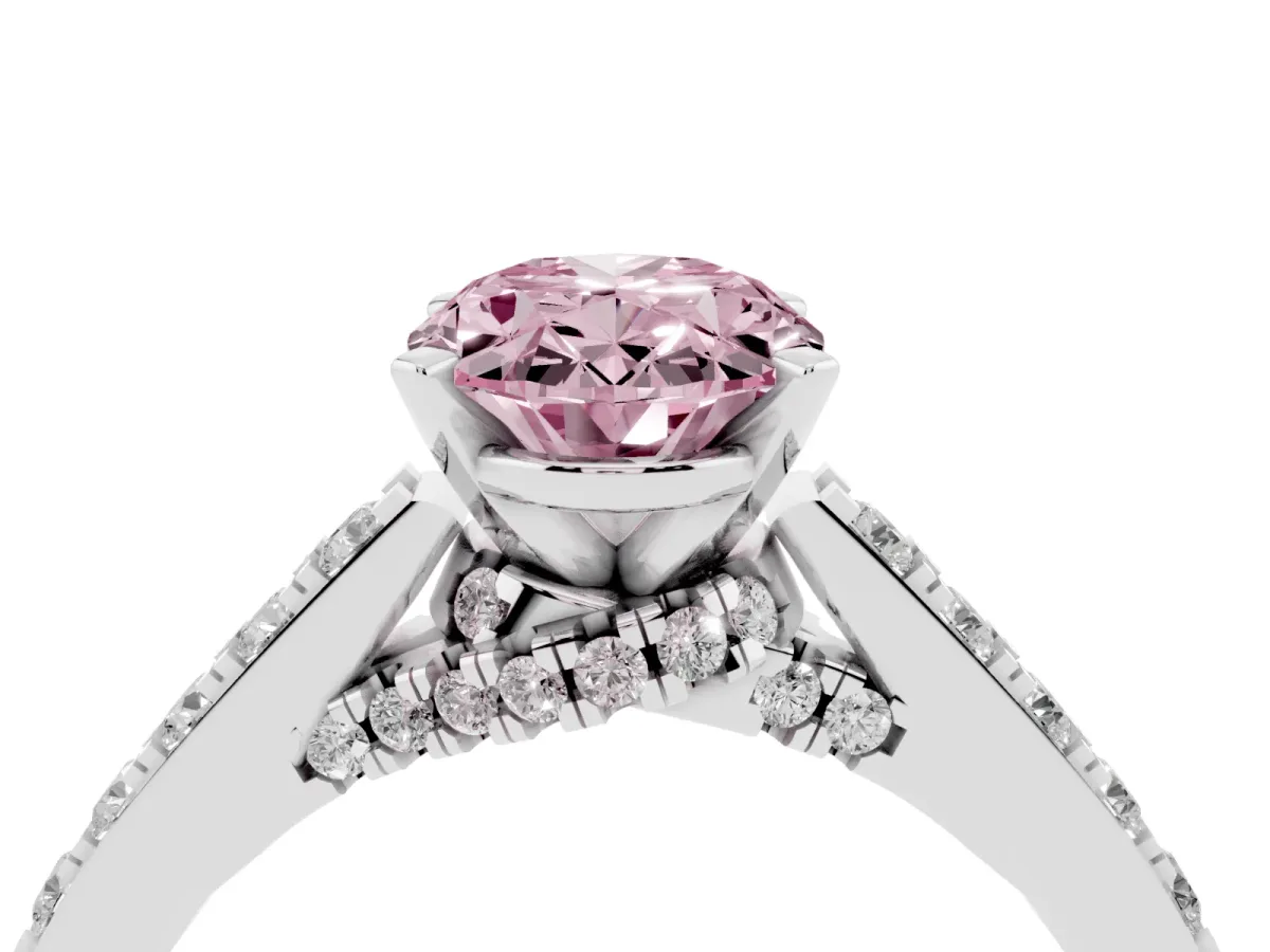 Fancy Pink Oval Cut Diamond Solitaire Ring with Crossover Gallery and Round Pavé Band Platinum