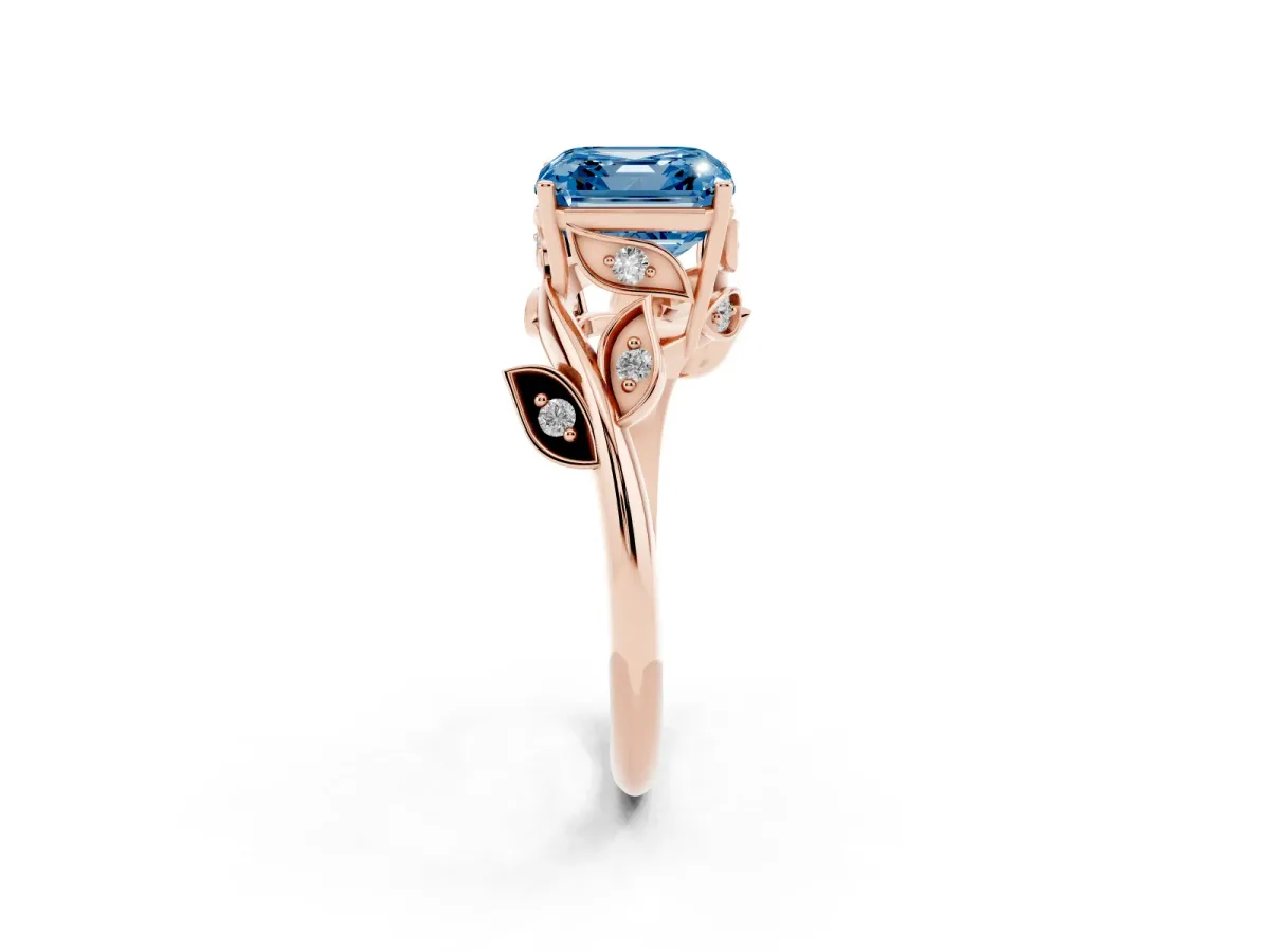 Fancy Blue Asscher Cut Solitaire Twist Engagement Ring with Leaf Accents and Prong Setting Rose gold