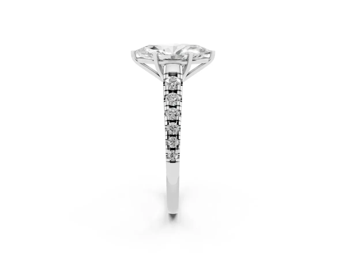 Marquise Cut Diamond Cathedral Solitaire Ring with Round Pavé Band Silver
