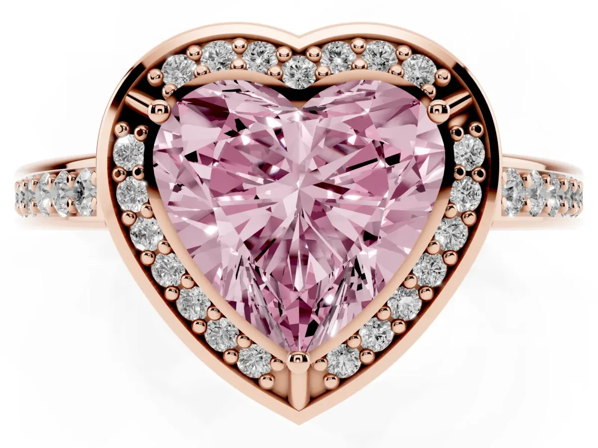 Fancy Pink Heart Cut Cut Halo Pave Split Shank Prong Setting Ring Rose gold