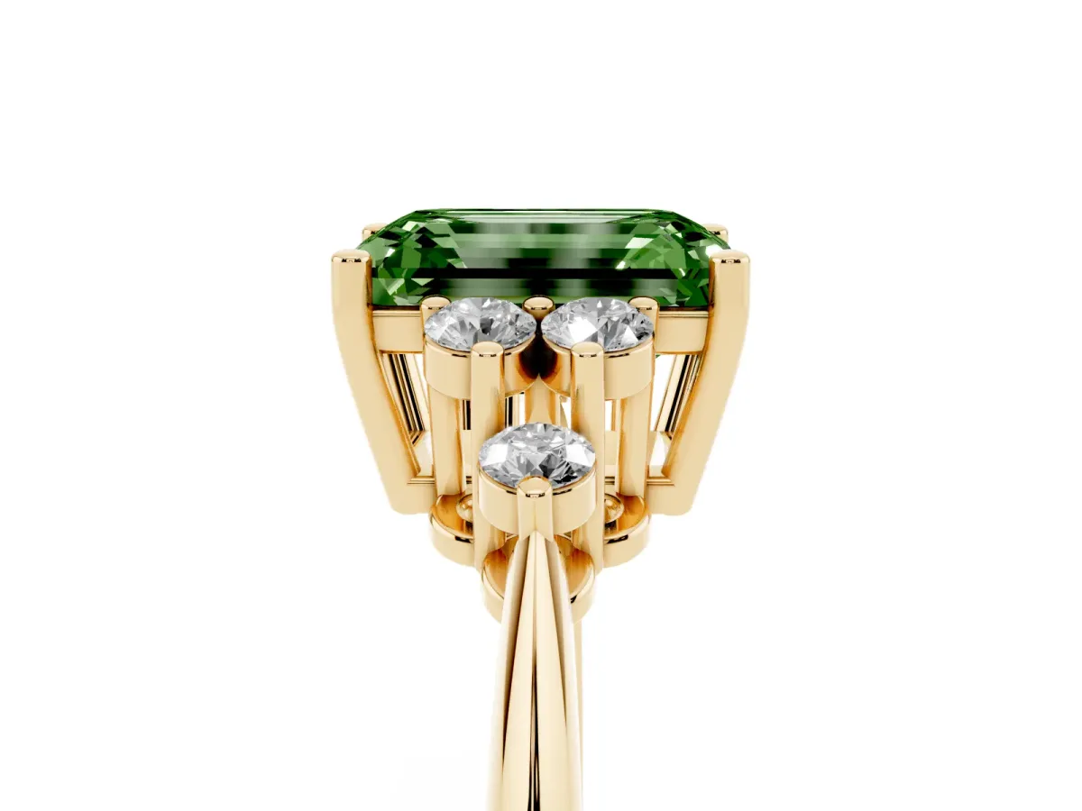 Fancy Green Emerald Cut Cut Diamond Cluster Ring with Solitaire Band and Four-Prong Setting Yellow gold