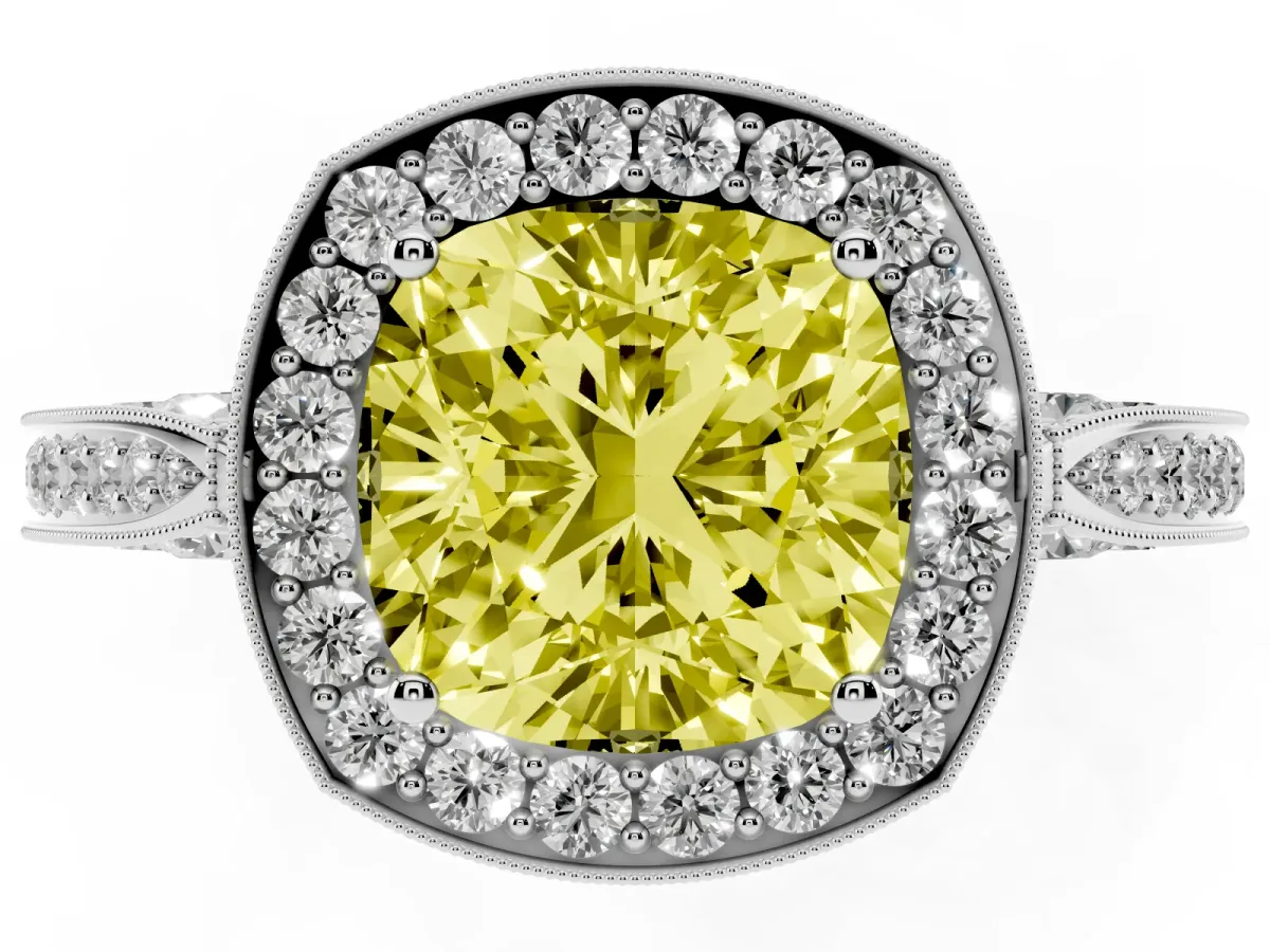 Fancy Yellow Cushion Cut Halo Diamond Engagement Ring with Split Shank Band and Four-Prong Setting Platinum