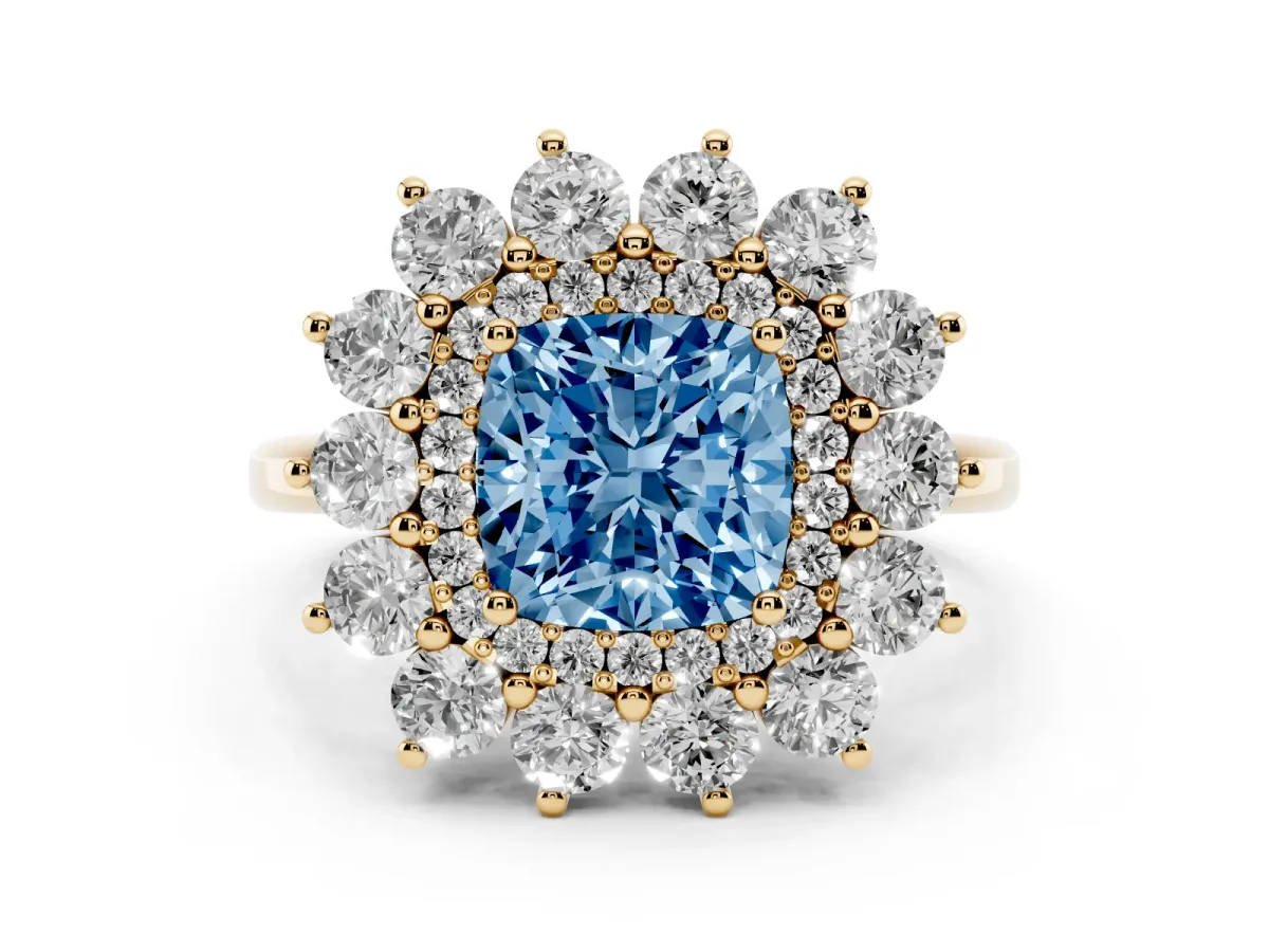 Fancy Blue Cushion Cut Diamond Floral Double Halo Engagement Ring with Prong Setting Yellow gold