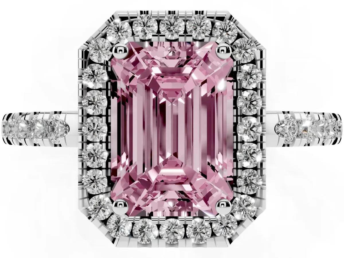 Fancy Pink Emerald Cut Halo Diamond Engagement Ring with Pavé Band and Four-Prong Setting Silver