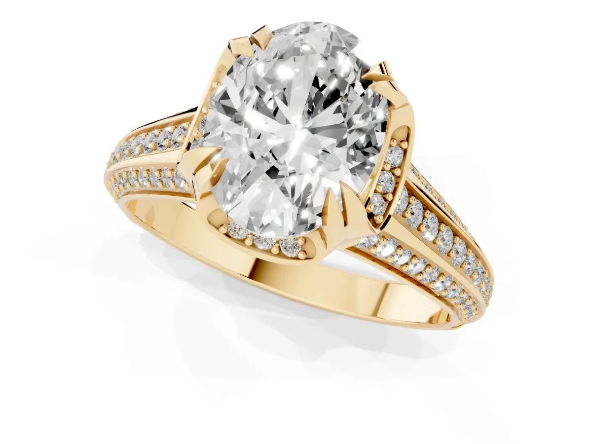 Oval Cut Solitaire Pave Split Shank Ring with Four-Prong Setting Yellow gold