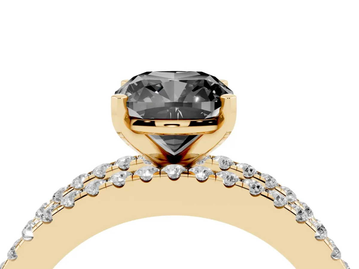 Fancy Black Cushion Cut Diamond Solitaire Ring with Pavé and Channel Set Band Yellow gold