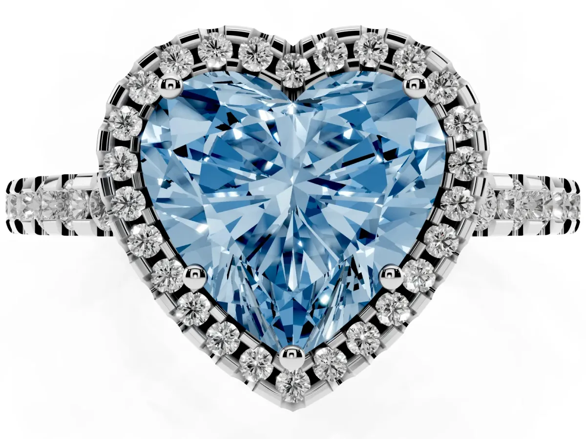 Fancy Blue Heart Cut Diamond Halo Engagement Ring with Pavé Band and Prong Setting White gold