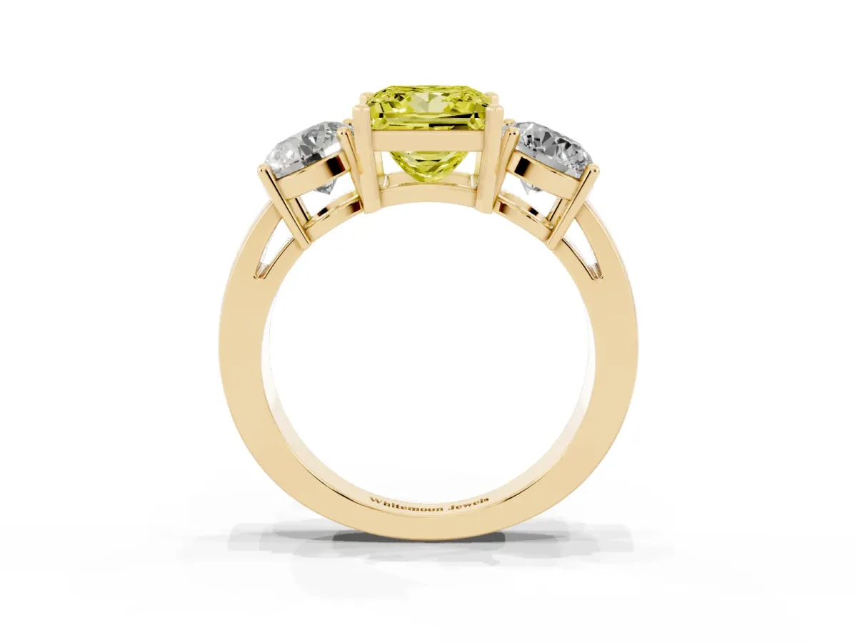 Fancy Yellow Three-Stone Princess Cut Diamond Ring with Round Side Stones, Classic Band, and Four-Prong Setting Yellow gold