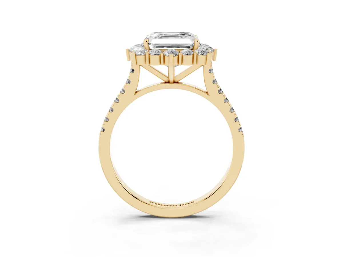 Asscher Cut Halo Diamond Ring with Pavé Band and Prong Setting Yellow gold