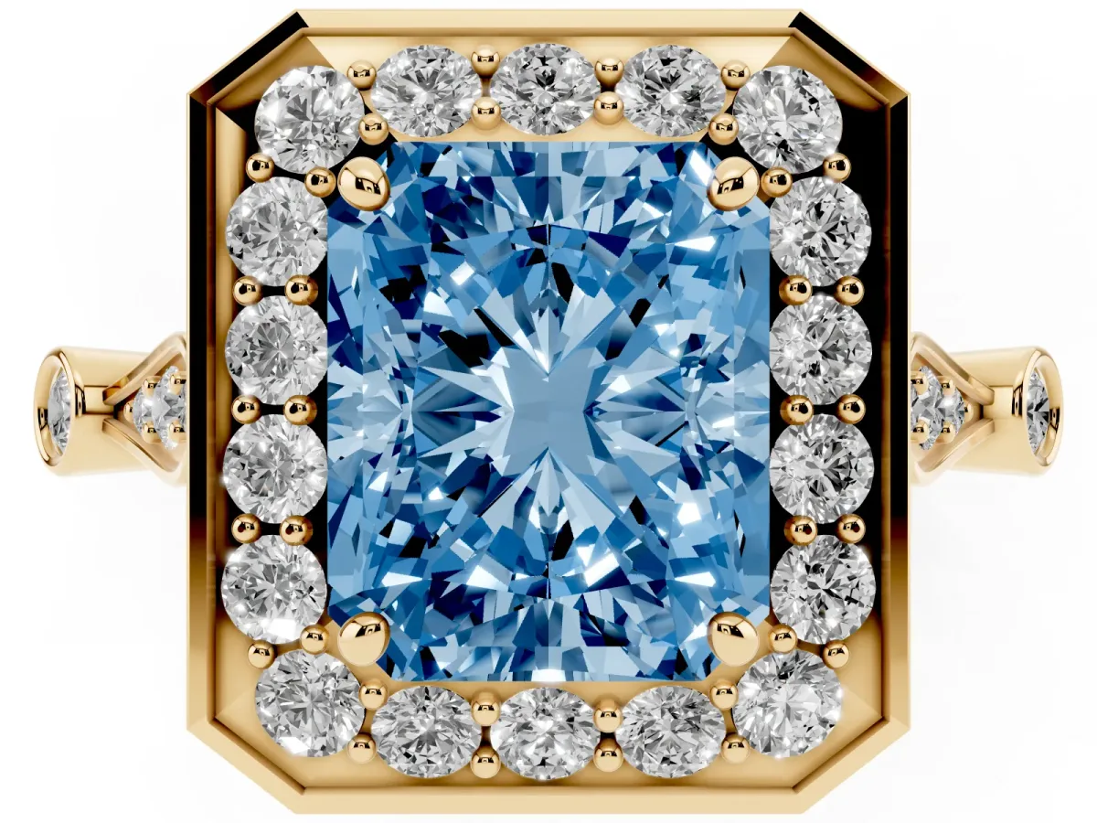 Fancy Blue Radiant Cut Halo Diamond Engagement Ring with Twisted Band and Four-Prong Setting Yellow gold