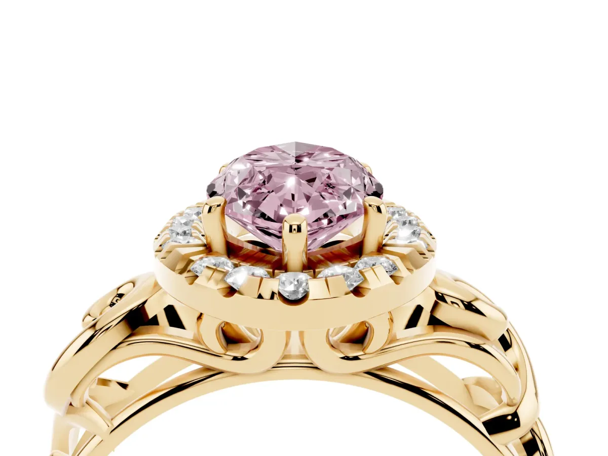 Fancy Pink Marquise Cut Cut Halo Diamond Ring with Scrollwork Band and Four-Prong Setting Yellow gold
