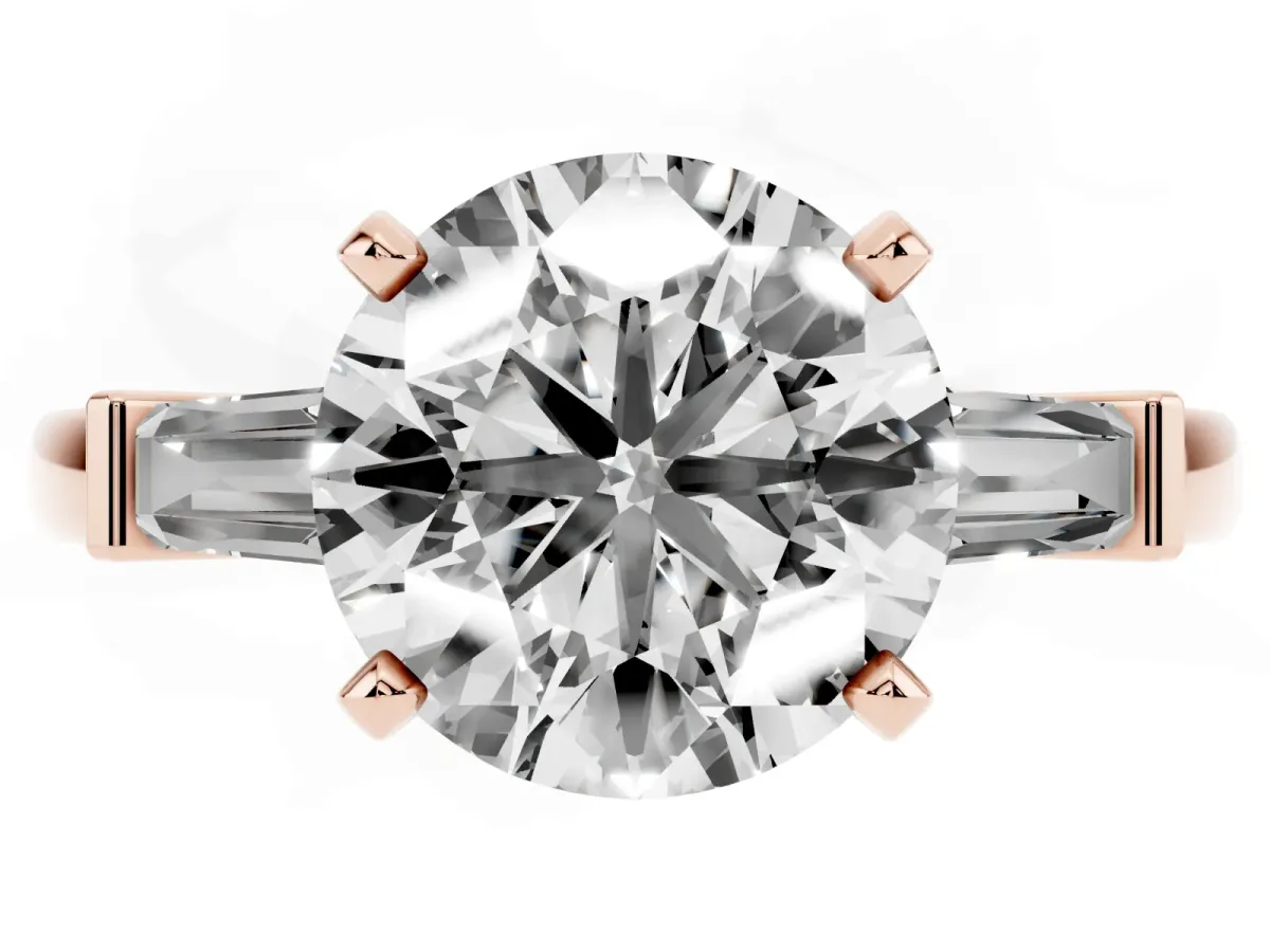 Round Cut Cut Diamond Solitaire Ring with Tapered Baguette Accents and Four-Prong Setting Rose gold