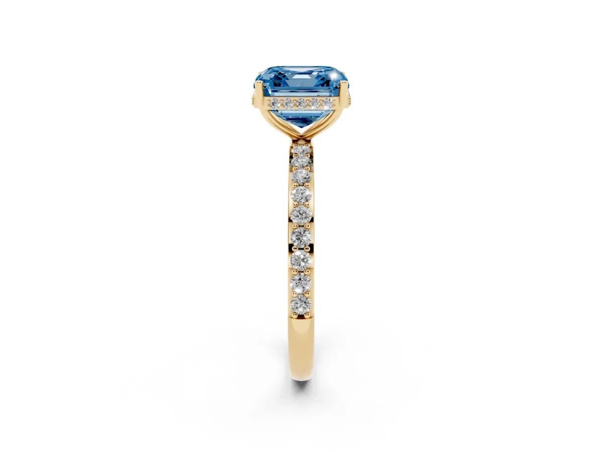 Fancy Blue Asscher Cut Diamond Solitaire Ring with Pavé Band and Hidden Halo Yellow gold