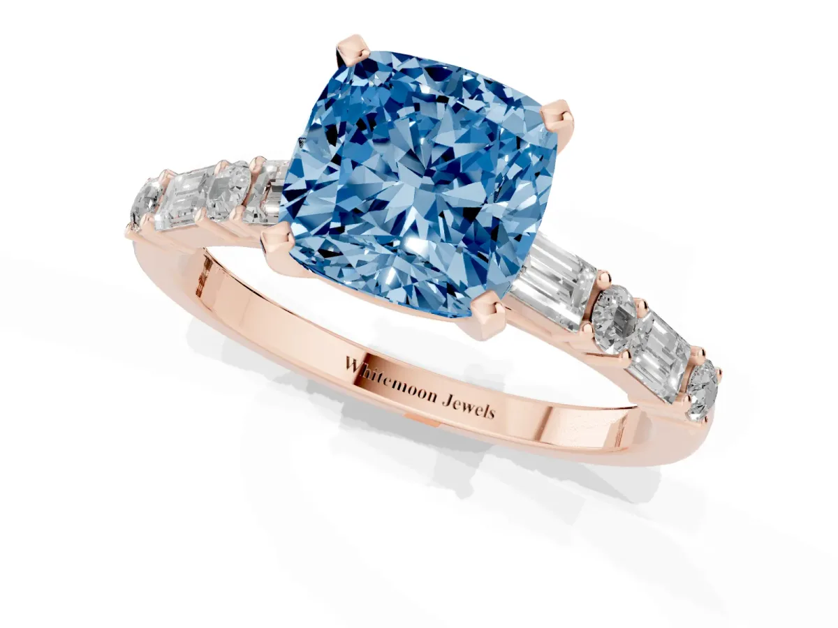 Fancy Blue Cushion Cut Diamond Solitaire with Side Baguettes and Channel Set Band Rose gold