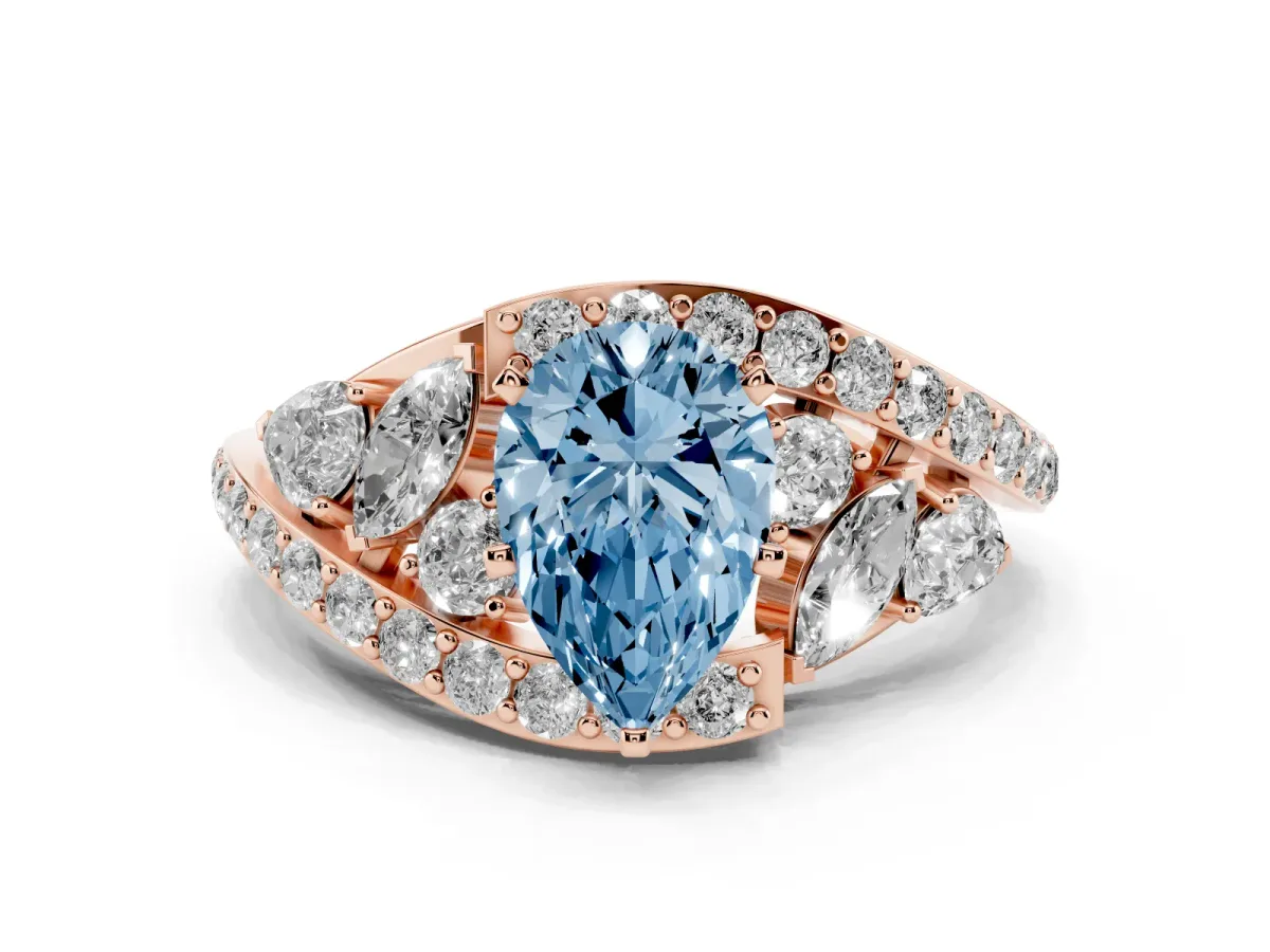 Fancy Blue Pear Cut Diamond Halo Ring with Marquise and Pavé Band in Prong Setting Rose gold